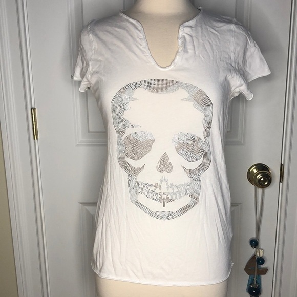 Zadig & Voltaire Tunisian MC Skull Camo Crystal White Tee Medium - Picture 2 of 7